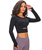 Workout Yoga Tops for Women, Removable Crop Top Padded Compression Long Sleeve Fitness Athletic Yoga Sports Shirt (Black, US6)