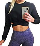 COLO Long Sleeve Crop Tops for Women - Activewear Workout Yoga Gym Top Lounge T Shirts -Cross Black(S)