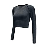 PingBei Women Seamless Long Sleeve Yoga Shirts Crop Top Thumb Hole Sportswear Fitted Gym Running Outfits (M, Dark Grey)