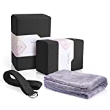 Arltb Yoga Blocks 2 Pack Cork Yoga Brick 9"x6"x4" with Metal D-Ring Yoga Strap & 68" X 24" Yoga Mat Towel (Black)