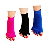 Toe Separator Socks, 3 Pairs Foot Alignment Socks Yoga GYM Massage Toeless Socks Pain Relief Improves Circulation Stretchy Happy Feet Socks For Women Men (Black & Hot Pink & Blue) by ReachTop