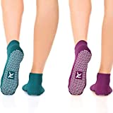 Rymora Non Slip Grip Socks for Women & Men, Elderly - Purple & Teal, Large, 2 Pairs - Non Skid Socks for Pilates, Yoga, and Barre - Wood, Tile, or Ceramic Floors