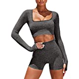 Women Workout Sets 2 Piece Yoga Outfits Square Neck Long Sleeve Crop Tops with Seamless High Waist Shorts Sets Gym Clothes Tracksuit Activewear Gray Medium