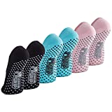 Gorilla Grip Premium Yoga Socks with Grips, 3 Pairs, Slip Resistant Silicone Gripper Sole Bottoms, Unisex Comfortable Combed Cotton, Cushioned Padding, Barre, Black Turquoise Pink
